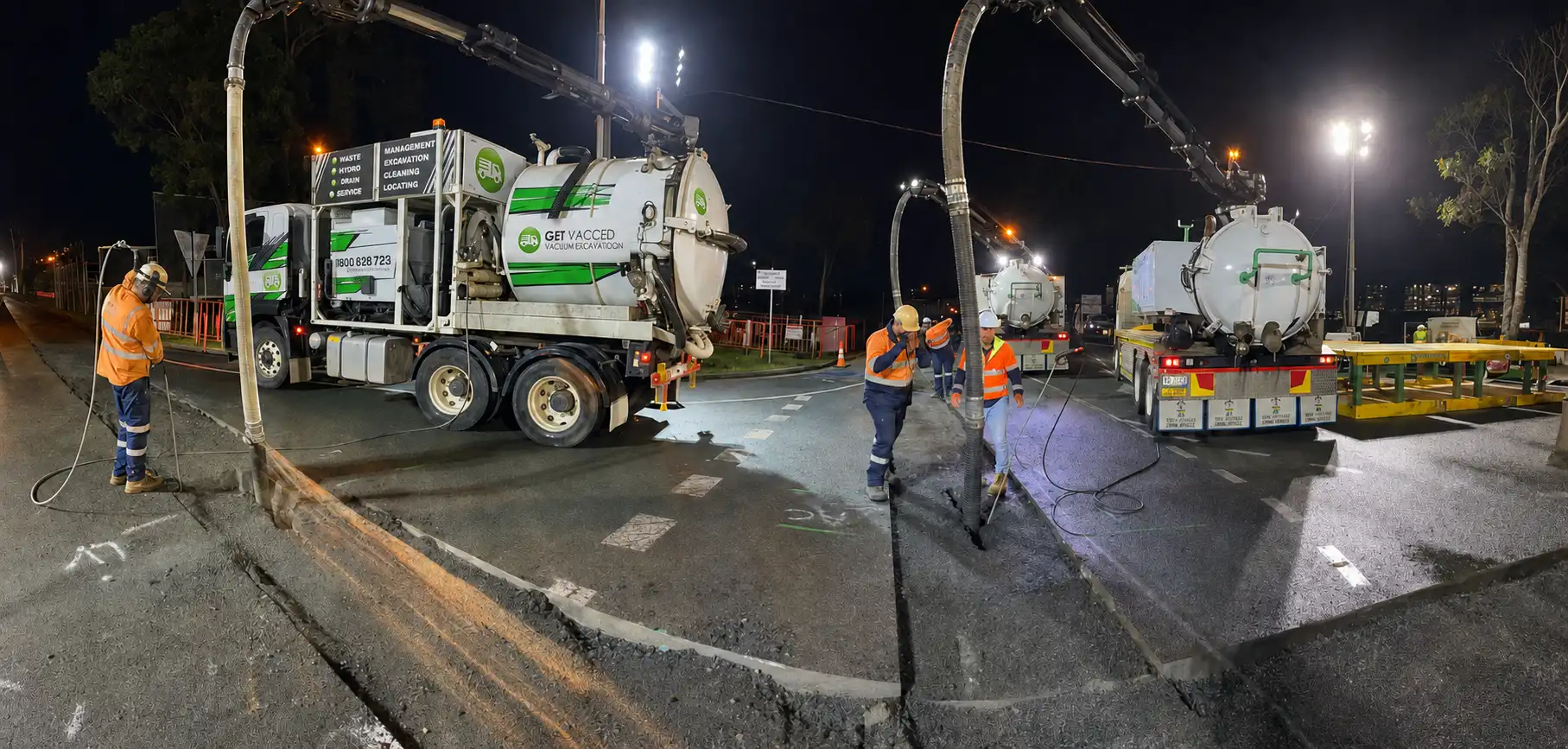 Get Vacced vacuum excavation trucks and crew working on a road at night