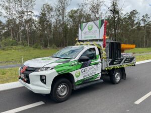 Santa’s preferred traffic control company — Get Directed festive TC ute on Queensland roadside.