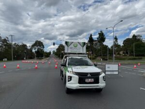 Traffic control intersection management — Get Directed lane closure setup with cones and signage at a Queensland intersection.