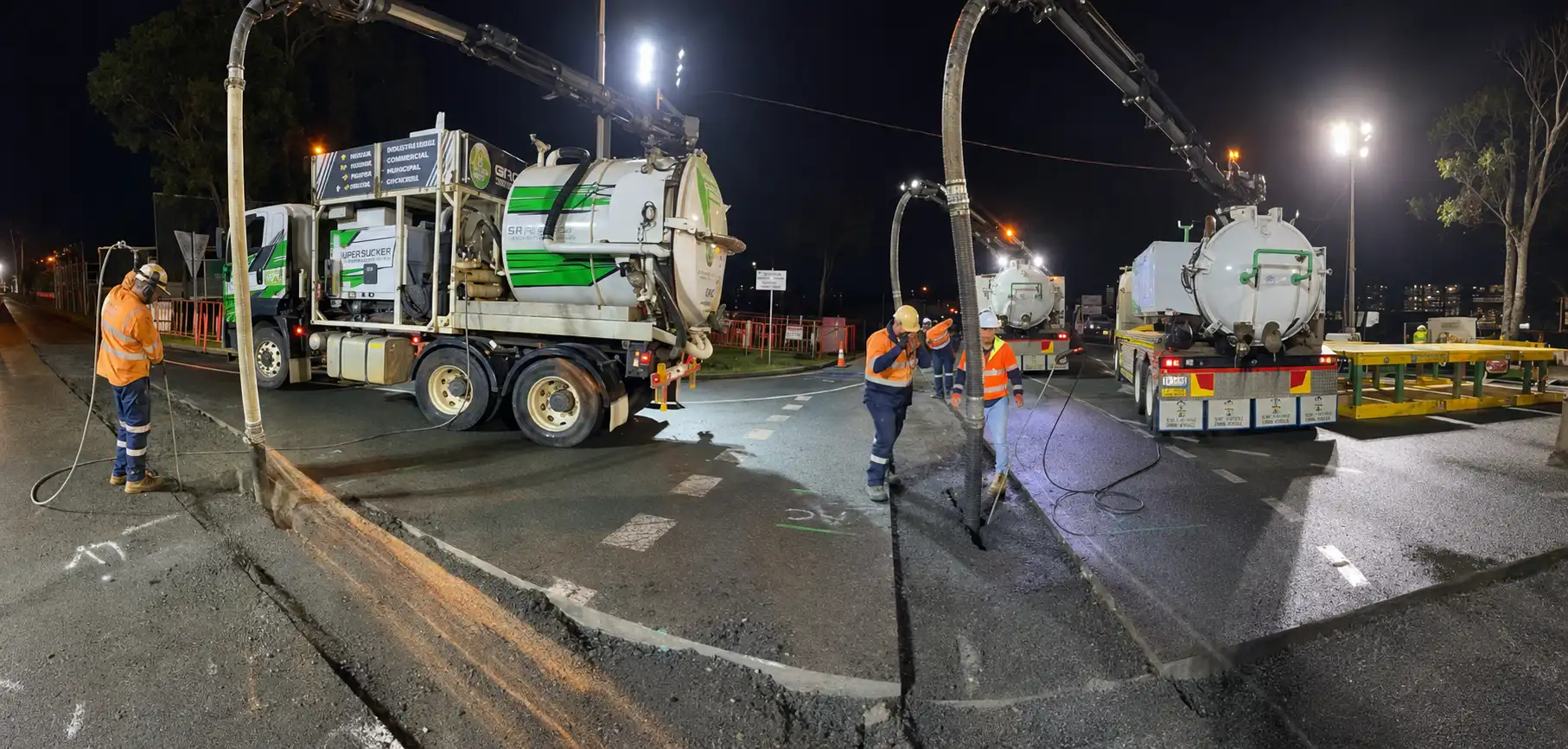 Get Vacced operators completing night vacuum excavation on a roadwork site