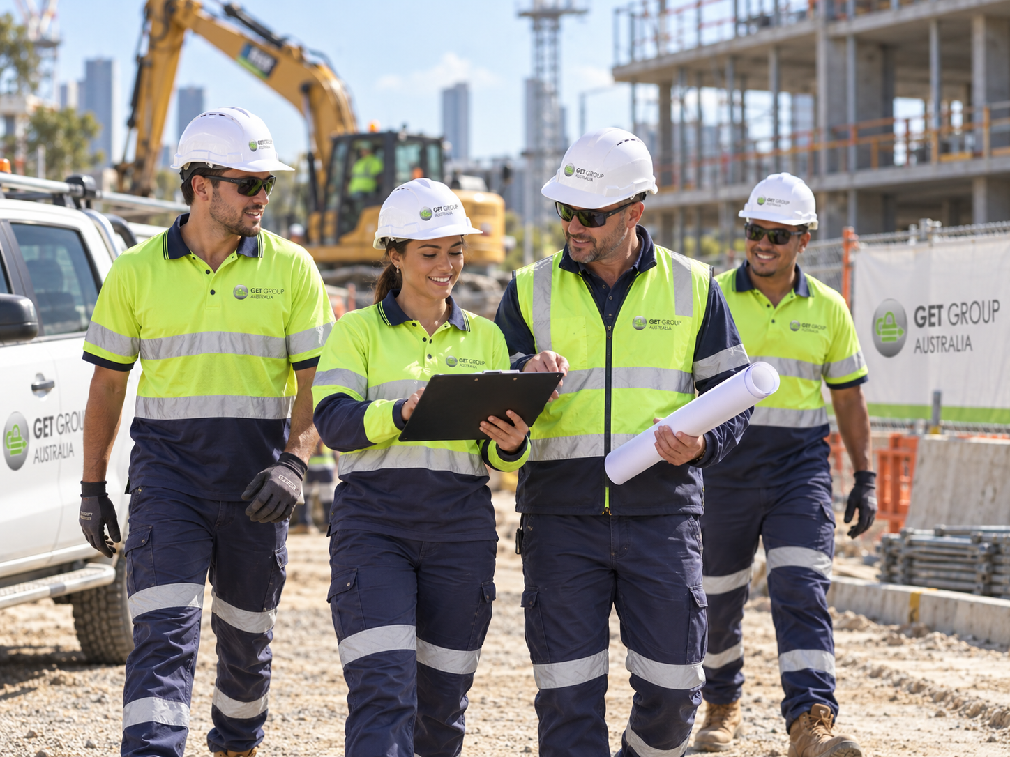 Confident Get Group Australia construction crew reviewing the day's work plan before starting on site