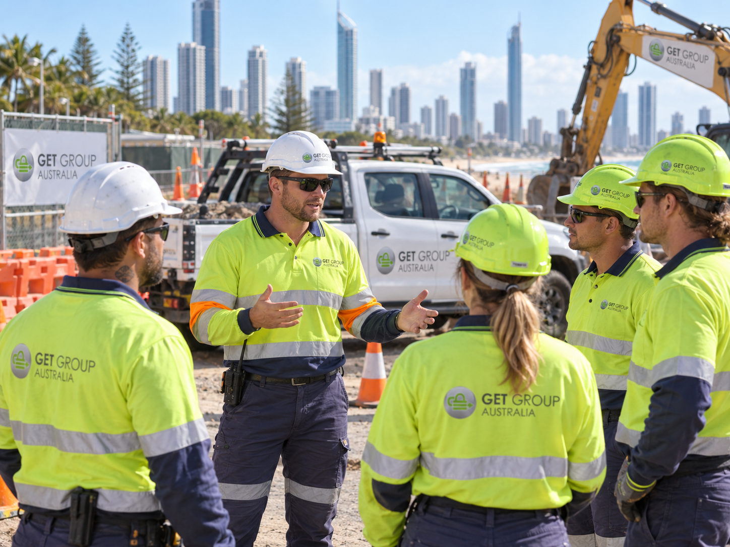 Construction supervisor reviewing a temporary labour hire crew before a Gold Coast civil project