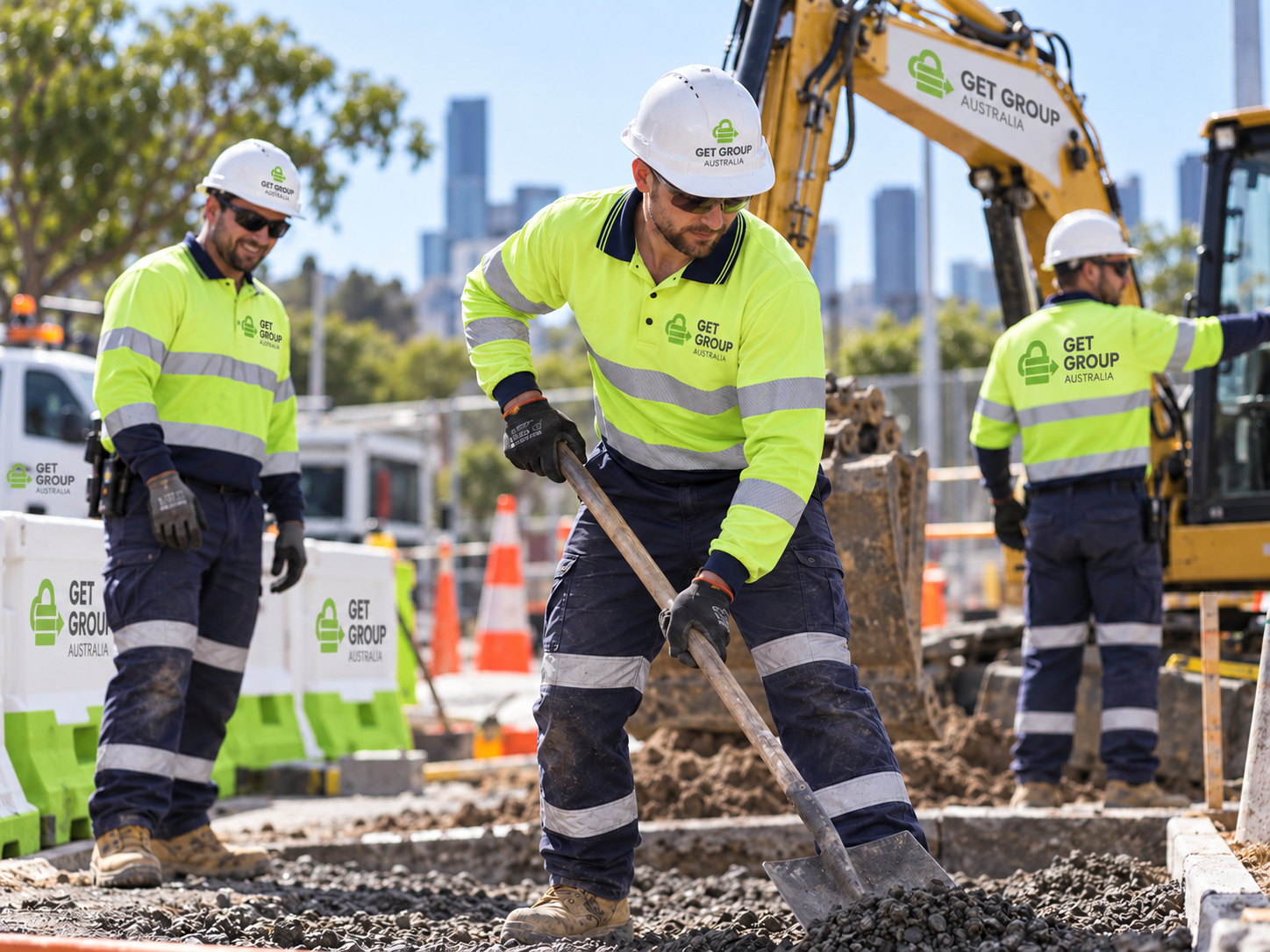 Confident Get Group Australia construction crew reviewing the day's work plan before starting on site