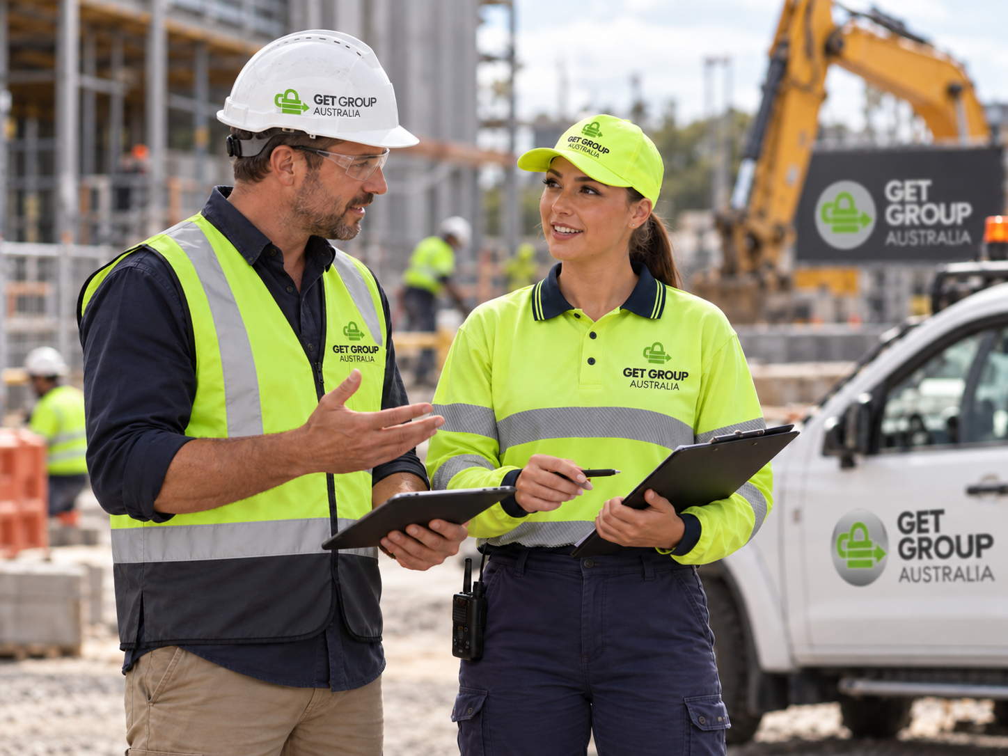 Get Group Australia supervisors reviewing site plans and workforce requirements on a construction project